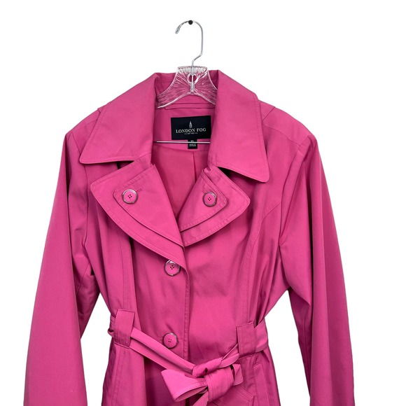 London Fog Double Breasted Trench Rain Coat Belted Detachable Hood Pink Women XL - Picture 2 of 5